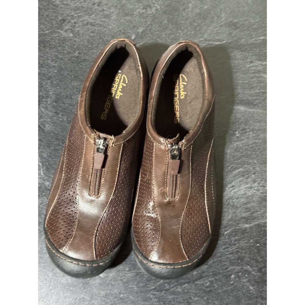 Clarks Springers Brown Leather Front Zip Loafers Womens 7.5M 79613 Casual Shoes - Picture 6 of 8